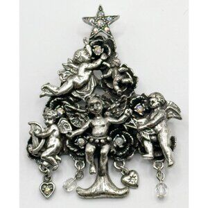 Kirks Folly Cherubs Angels Silvertone Rhinestone Christmas Tree Pin